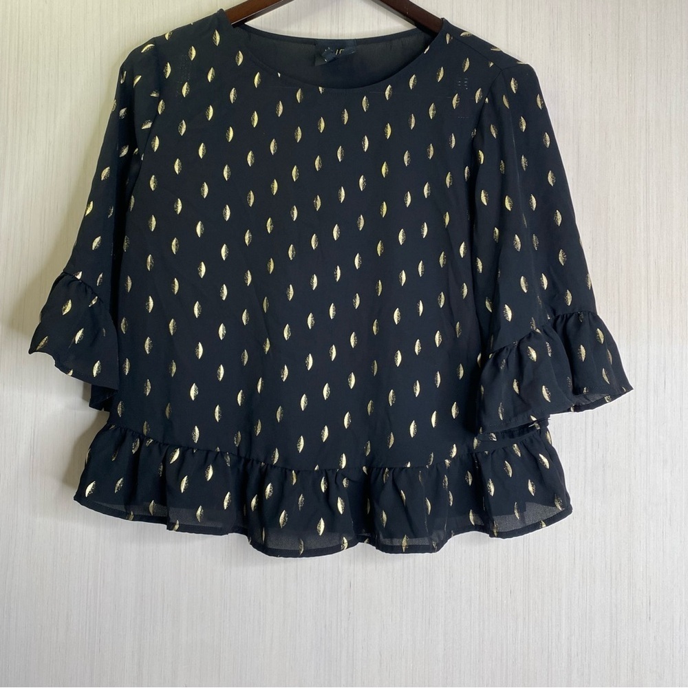 W5 Women’s Elegant Black and Gold Pullover Ruffle Top Size Small